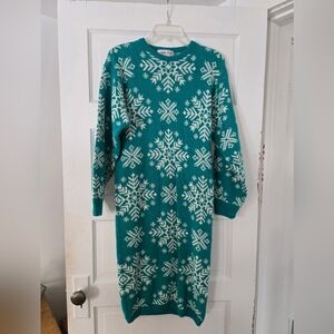 Vintage Michelle Stuart Teal and White Snowflake Sweater Dress